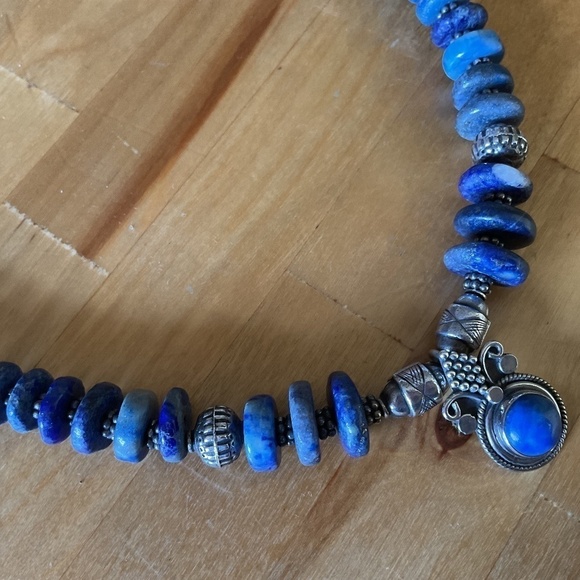 VINTAGE Sterling Silver 925 LAPIS LAZULI GREEK DESIGN NECKLACE - Picture 5 of 9